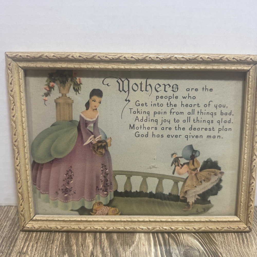 Victorian Style Lithograph Art 8x6 Vtg Mothers Framed POEM 1944 Art by Averill